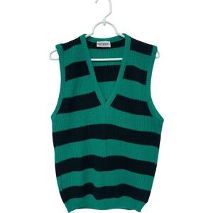 Knitwaves Cable Knit V-Neck Sweater Vest Mens Green & Black Striped Pullover Vtg